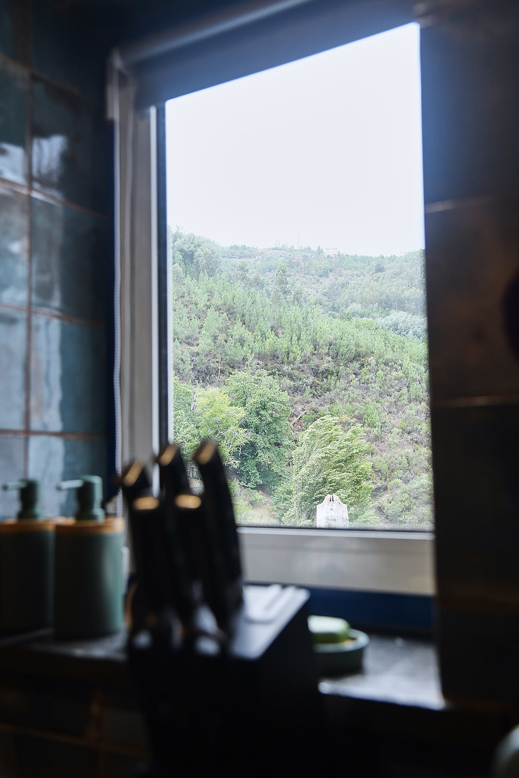 Forested mountain landscape framed by an open Casa da Égua window